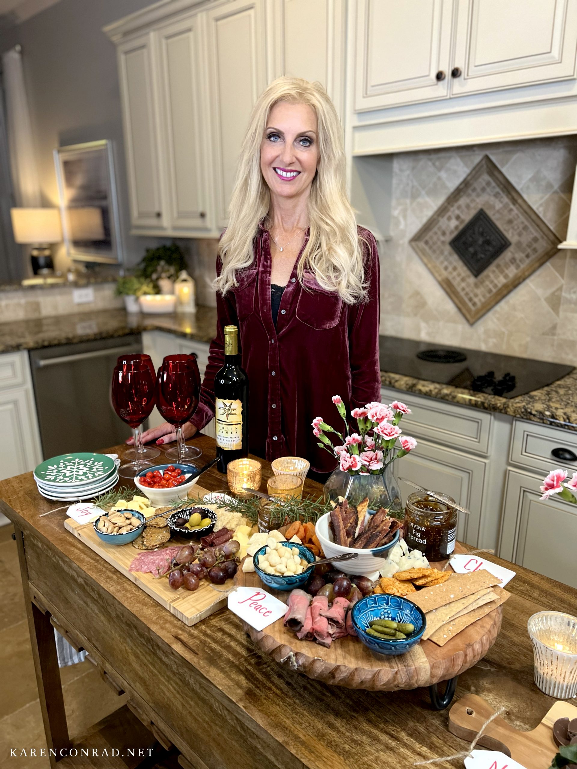 Karen up close charcuterie board, meats, cheese, christmas, christmas food, holiday snacks, best christmas boards, festive food, holiday recipes, do it yourself